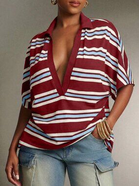 Burgundy Casual Women's Plunge Neck Collared Oversized Striped Polo Top